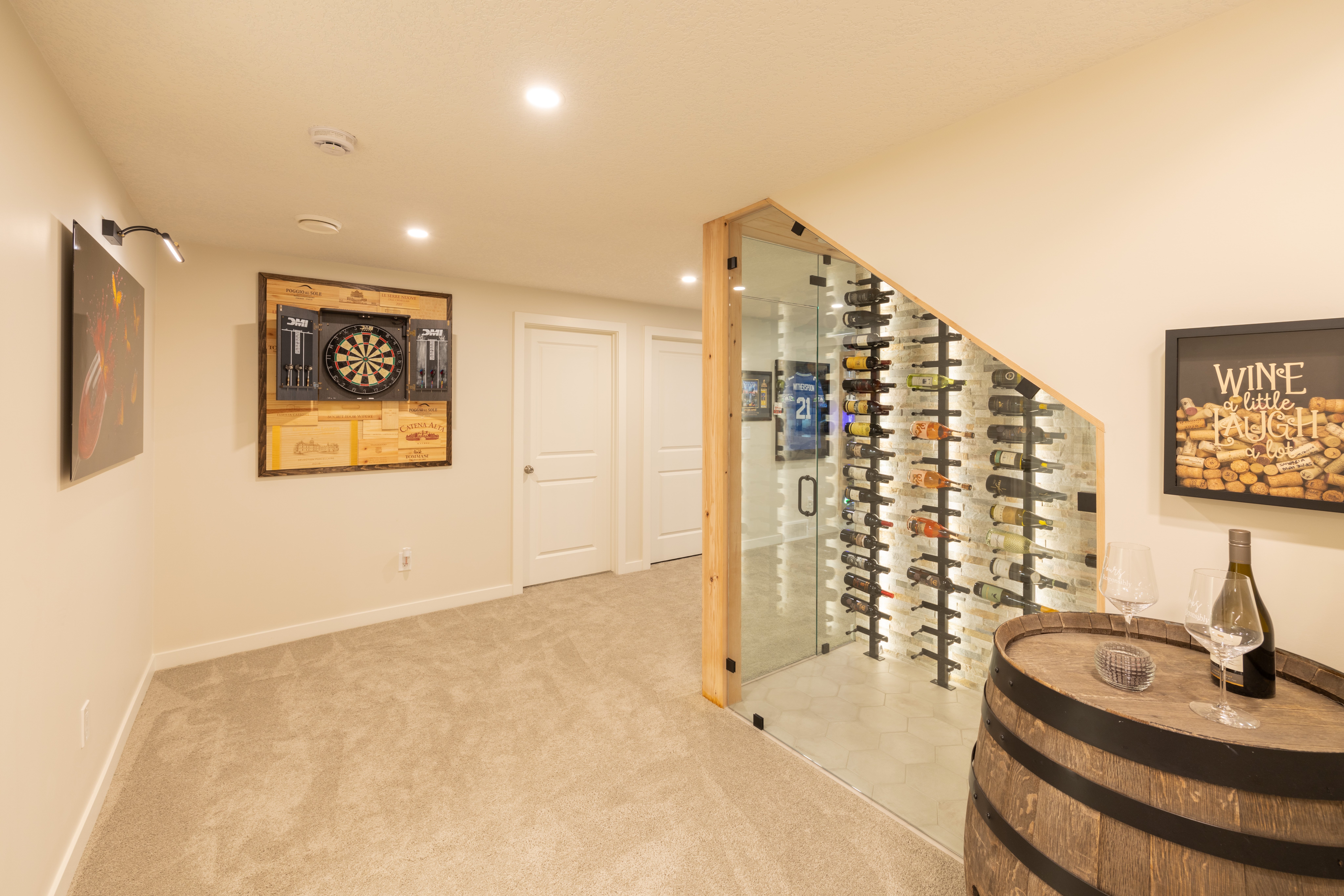 Basement Wine Display and Darts Area