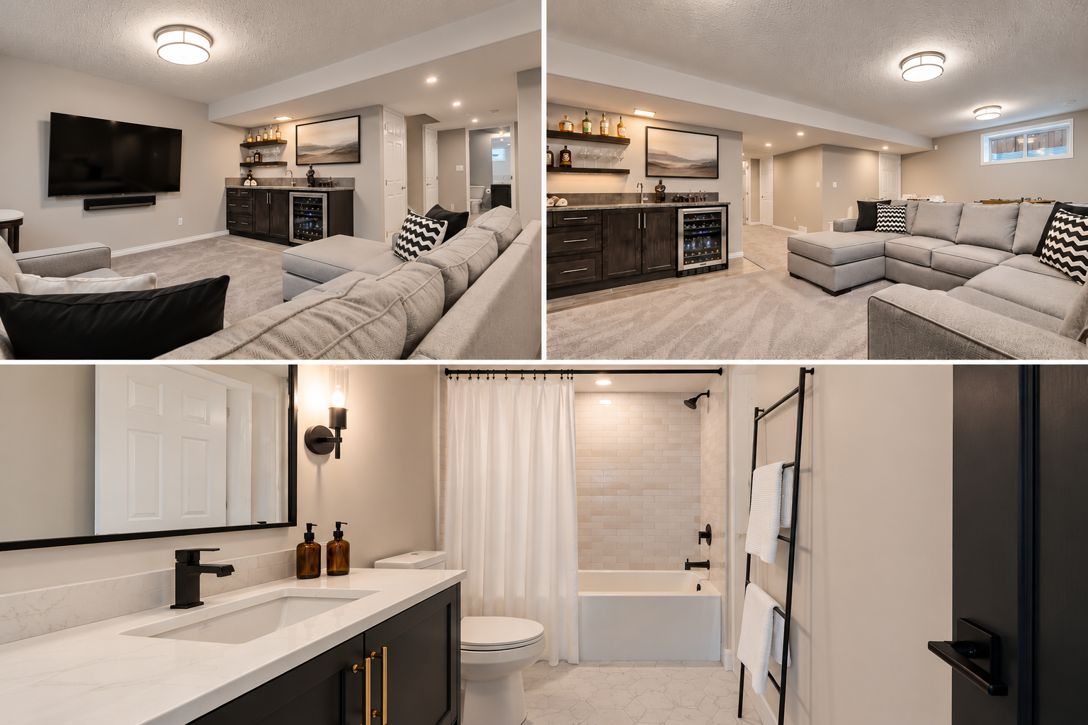 Modern Basement Lounge and Bathroom Collage