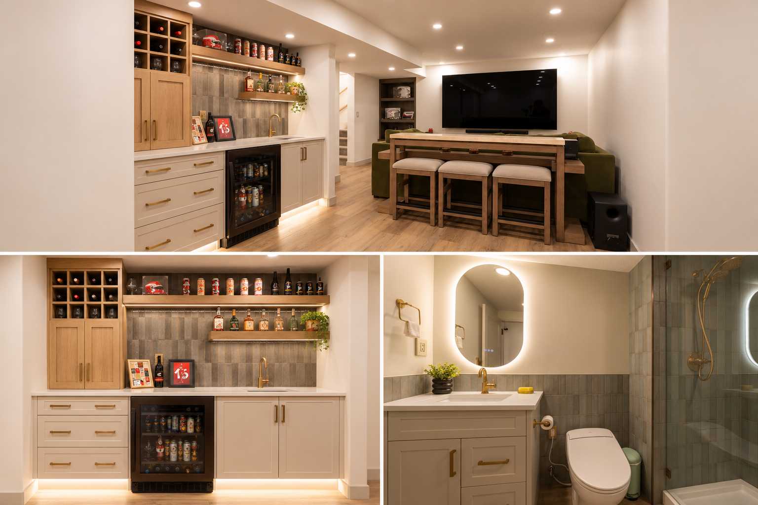 Warm Modern Basement and Bath Interiors