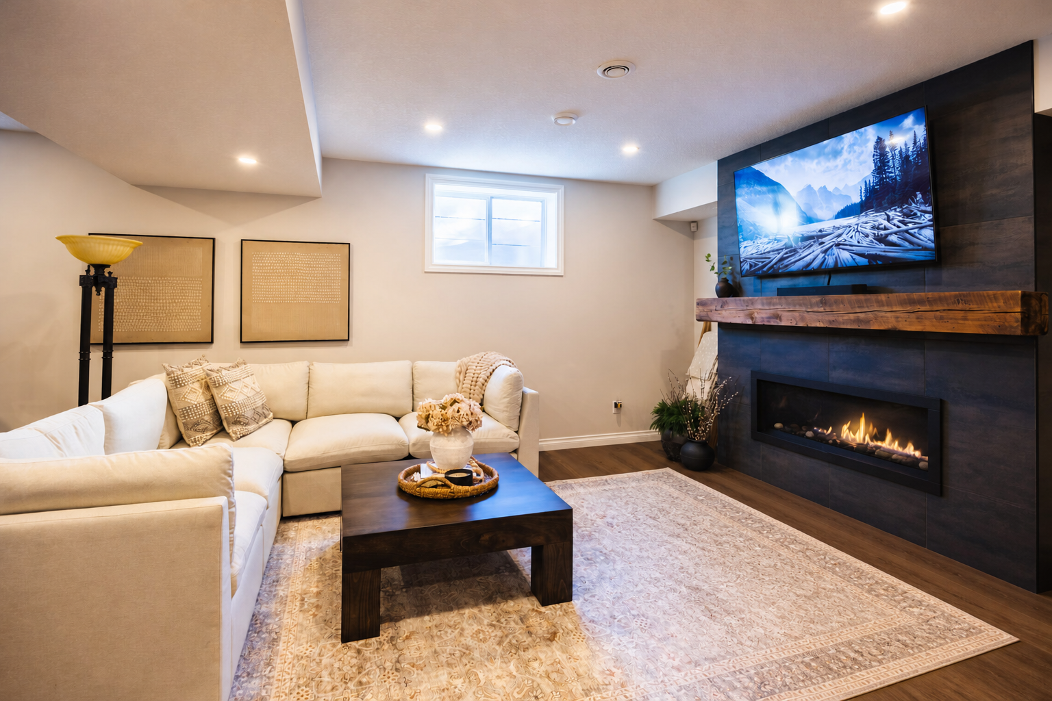 A dark tile-style media wall, reclaimed wood mantel, and linear fireplace anchor the finished basement living room.